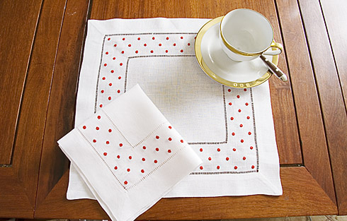 square linen placemat. Red Swiss Polka Dots. 14"square. 1 piece